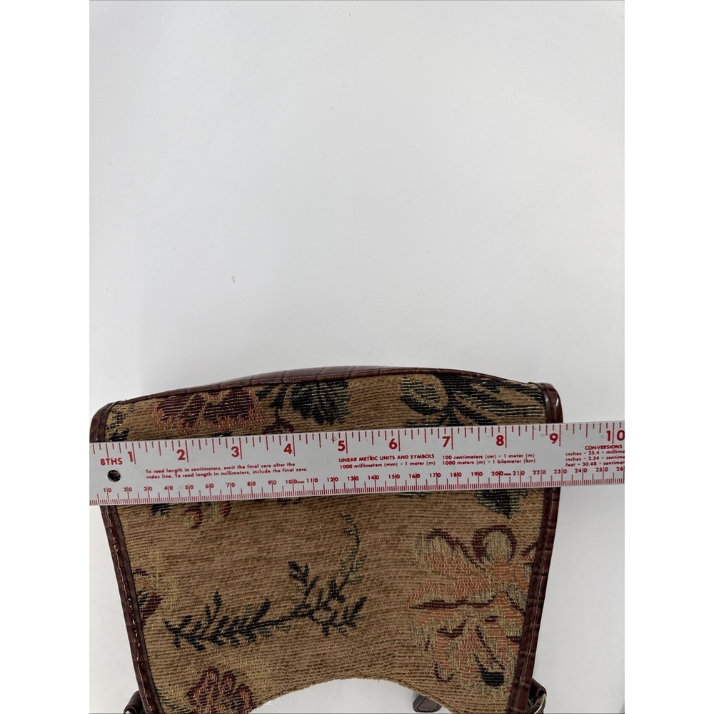 Liz Claiborne Brown & Lt Tan Floral Tapestry Fabric Leather Trim Gold Thread - Picture 5 of 7